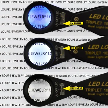 10x 21mm Loupe Juvelyras, didinamasis stiklas, LED UV Trijulę Lęšio, Didinamojo Perlas Optinis Įrankis Achromatinis Aplanatic Foldaway Juodu Rėmu
