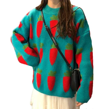 2020 M. Rudens Žiemos Džemperis Moterims Korėjos Kawaii Morkų Modelis Atsitiktinis Negabaritinių Megzti Megztinis Tirštėti Šiltas Kawaii Trikotažas