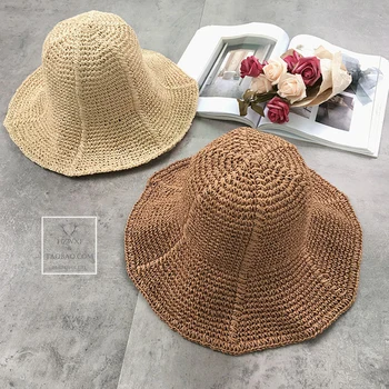 CHING YUN Vasarą Moterys skrybėlę korėja stiliaus saulės skrybėlę Lafite šiaudų kraštų stiliaus paplūdimio Žvejo skrybėlę, sulankstomas Pajūrio kelionių, laisvalaikio kepurės