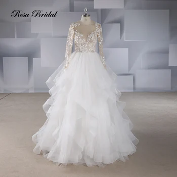 Rosabridal Linijos Vestuvių Suknelė 2019 naujo dizaino ilgomis Rankovėmis Duobute Nėrinių appliques siuvinėjimo Susiėmę Sijonas Nuotakos Suknelė