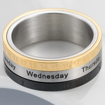 Vyriški Romėniškais Skaitmenimis Dienos Kalendoriaus Laiko Žiedas Pasukti Savaitę Piršto Aukso Mados Punk Dviratininkas Vestuvių Nerūdijančio Plieno Žiedais