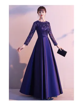 Naujas Royal Blue vakarinę Suknelę Ilgai YN-1216 Elegantiškas ilgomis Rankovėmis-line Nėrinių Satino Tamsiai Mėlyna Žiemos Vestuvių Svečių Suknelė 2020 m.
