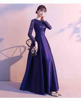 Naujas Royal Blue vakarinę Suknelę Ilgai YN-1216 Elegantiškas ilgomis Rankovėmis-line Nėrinių Satino Tamsiai Mėlyna Žiemos Vestuvių Svečių Suknelė 2020 m.