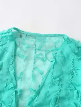 Naujas moterų mados v kaklo žalia spalva, kutas apdailos atsitiktinis smock palaidinė moteriška betterfly rankovės marškiniai, elegantiškos blusas viršūnes LS6858