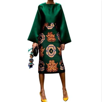 2 Piece Suknelė Nustatyti Derliaus Spausdinimo Blyksnius Rankovės Kelio Ilgio Sijonas Kostiumas Šilkiniai Green Satino Suknelė Rudenį Afrikos Suknelės Moterims
