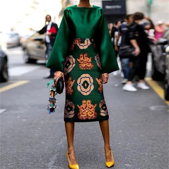 2 Piece Suknelė Nustatyti Derliaus Spausdinimo Blyksnius Rankovės Kelio Ilgio Sijonas Kostiumas Šilkiniai Green Satino Suknelė Rudenį Afrikos Suknelės Moterims