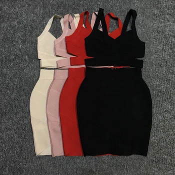 2020 metų vasaros naują dviejų dalių tvarstis suknelė moterims sexy Raudona Rožinė viršuje spageti bodycon suknelė moterų klubo įžymybė šalies Vestidos rinkinys