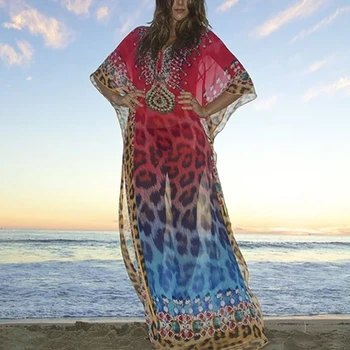 2021 Seksualus Leopardas Spausdinti Bohemijos Suknelė Plius Dydis Vasaros Paplūdimio Maxi Suknelė Sarongas Pareo de Plage V kaklo Moterų Atsitiktinis Suknelė