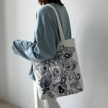 2020 Naujas Canvas Tote Maišą Animacinių filmų Spausdinimo Moterų Pečių Shopper Bags korėjos Harajuku Medvilninio Audinio, Eko Daugkartinio naudojimo Pirkinių Krepšys