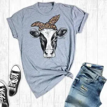 Leopard Karvė T-Shirt Moterų Ūkio Grafinis Marškinėliai, Karvės Cowgirl Šalies Pietų grafinis grynos medvilnės grunge tumblr tees hipster viršų