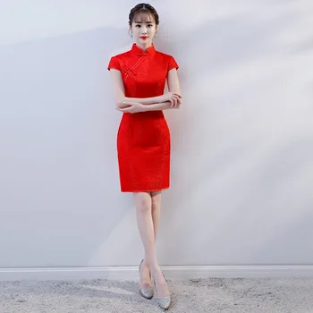 Sexy Red Lady Vasarą Ilgai Cheongsam Kinų stiliaus Suknelė Moteris Qipao Slim Šalis Suknelės Mygtuką Vestido Plius Dydis S-4XL