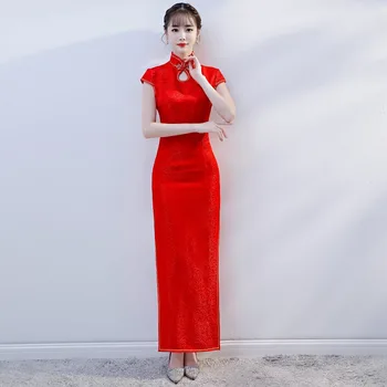 Sexy Red Lady Vasarą Ilgai Cheongsam Kinų stiliaus Suknelė Moteris Qipao Slim Šalis Suknelės Mygtuką Vestido Plius Dydis S-4XL