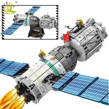 HUIQIBAO 804PCS Kosmoso Bakas Pilotuojamų Erdvėlaivių Statybos Blokus Miesto Kosmoso Astronautas Duomenys Palydovinės Plytų Žaislai Vaikams