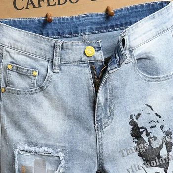 Vyriški vasaros Monroe simbolio, džinsinio šortai Mados raidžių dažytos skylių pathwork kankina džinsus, Šviesiai mėlyna