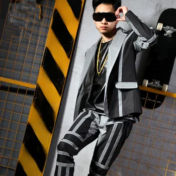 Banga Vyrų dainininkas DJ DS Kostiumai Liuminescencinės pilka atspindys, šviesos, Švarkai, Paltai, vyriški kostiumai, Baras etape, Hip-Hop, Rokas kostiumai