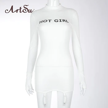 ArtSu Rudenį 2020 Medvilnės Baltas Megztinis Mini Suknelės Moterims, Purus Megzti Suknelę Prarasti Sexy o-Kaklo Streetwear ASDR61214