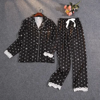 Crown Spausdinti Saldus Moterų Pajama Nustatyti Nėrinių Ilgomis Rankovėmis Kelnės Pijama Satin Soft Sleepwear