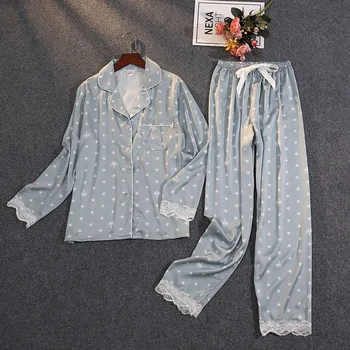 Crown Spausdinti Saldus Moterų Pajama Nustatyti Nėrinių Ilgomis Rankovėmis Kelnės Pijama Satin Soft Sleepwear