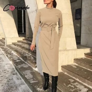 Conmoto tiesiai moterų kietas, šiltas Megzti suknelė ilgomis rankovėmis midi suknelė rudenį Prašmatnus streetwear kietas diržas ponios darbo suknelė 2020 m.