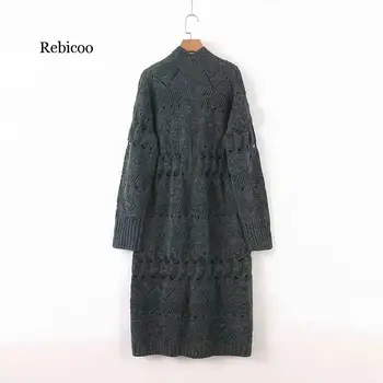 Rebicoo Džemperis Moterims Rudens ir Žiemos Naujas ažūrinės figūrinių Megztinis ilgomis Rankovėmis V-kaklo, vientisos Spalvos Kišenės Streetwear