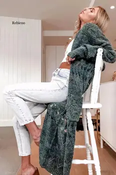 Rebicoo Džemperis Moterims Rudens ir Žiemos Naujas ažūrinės figūrinių Megztinis ilgomis Rankovėmis V-kaklo, vientisos Spalvos Kišenės Streetwear