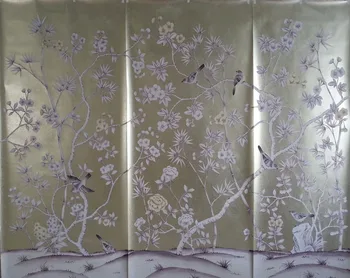 Prabangus elegancija Vertus nudažyti aukso folija tapetai, dažymas gėlės su paukščių ranka-dažytos wallcovering wallcoating fone