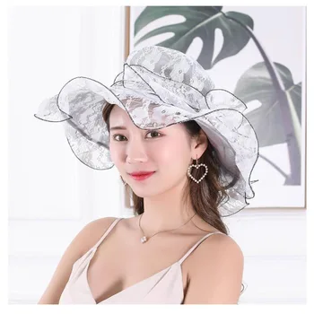 Nauja Vasaros Moterų Lanksčiuosius Saulės Skrybėlę Su Nėrinių Net verpalai, Platus, Didelis Kraštų Nėrinių Kepurės Mados Paplūdimio UV Apsauga Skrybėlės