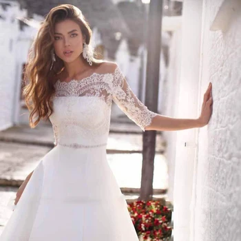 Bateau Kaklo Pusė Rankovių Lace A-Line Wedding Dresses 2020 Nedidelis Satino Vestuvinės Suknelės Naujos Konstrukcijos Ilgai Su Mygtuką Atgal