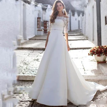 Bateau Kaklo Pusė Rankovių Lace A-Line Wedding Dresses 2020 Nedidelis Satino Vestuvinės Suknelės Naujos Konstrukcijos Ilgai Su Mygtuką Atgal