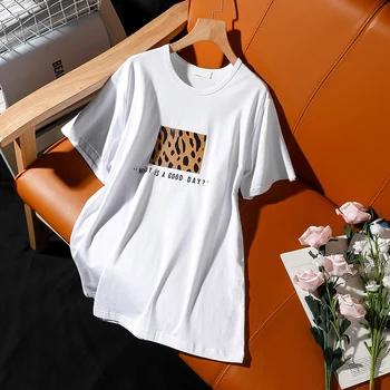 Vasaros 2021 naujas Leopard print T-shirt moterims, trumpas rankovėmis Aukštos Kokybės medvilnės viršūnes didelio dydžio prarasti mados Laisvalaikio puloveriai tee