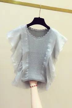 2020 metų Vasaros Nauji Marškinėliai korėjos Stiliaus Šifono Ruffles Susiuvimo Megztiniai Palaidinės ir Viršūnių Moterų Apvalios Kaklo Plonas Moterų Drabužiai