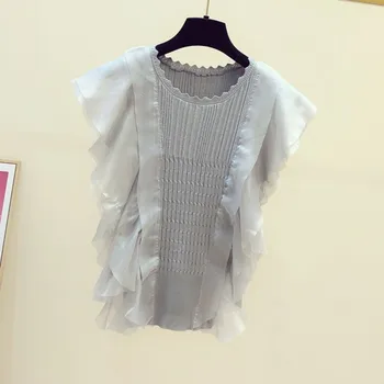 2020 metų Vasaros Nauji Marškinėliai korėjos Stiliaus Šifono Ruffles Susiuvimo Megztiniai Palaidinės ir Viršūnių Moterų Apvalios Kaklo Plonas Moterų Drabužiai