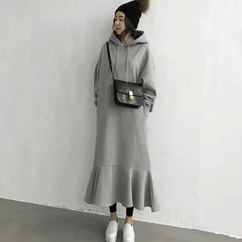 Paprastas, Stilingas Hoodie Suknelė Moterims Korėjos Vestido Fleece Šilti Megztiniai Ilgomis Rankovėmis Chic Pynimas Gobtuvu Laisvi 
