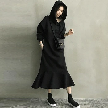 Paprastas, Stilingas Hoodie Suknelė Moterims Korėjos Vestido Fleece Šilti Megztiniai Ilgomis Rankovėmis Chic Pynimas Gobtuvu Laisvi 