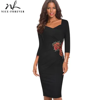 Gražus-amžinai Rudens Derliaus Aplikacijos Gėlių Elegantiškas Biuras Suknelės Oficialią Verslo Apvalkalą Moterų Suknelė B347