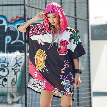 2020 metų Hip-Hop Ilgai Viršuje Vasarą Europos Mados Grafiti Gatvės Moterų Prarasti Spausdinimo Ilgai marškinėliai Moterims trumpomis Rankovėmis O-Kaklo Tees