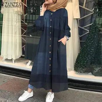 Plus Size Derliaus Patikrinkite Shirt Dress Moterų Rudenį Sundress ZANZEA 2021 Atsitiktinis Musulmonų Abaja Suknelės Moterų Mygtuką Maxi Vestidos