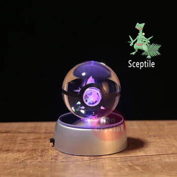 3D Lazeris Pokeball Kamuolys Graviravimas Sceptile Round Crystal Su Juoda Linija Gražus Mados Kamuolys 50*50mm Su LED Bazės 80*80mm Dovana