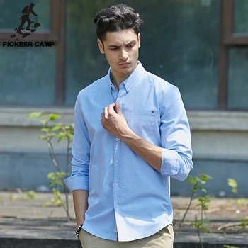 Pioneer Stovykla kietas atsitiktinis marškinėliai vyrams, prekės ženklo drabužių ilgomis rankovėmis marškinėliai vyrų aukščiausios kokybės grynos medvilnės plius dydžio baltos spalvos mėlyna pilka