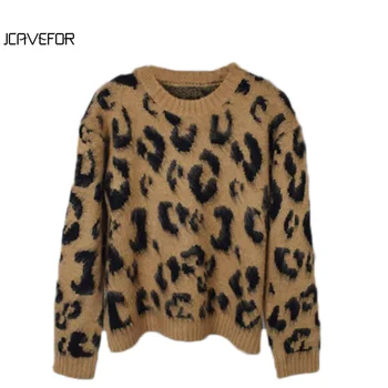 Rudenį Moterų Atsitiktinis Leopard O-Kaklo Džemperis Gatvės Megztinis ilgomis Rankovėmis Megzti Komfortą Spausdinti Megztiniai