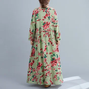 Ilgomis rankovėmis plius dydis medvilnės skalbiniai derliaus gėlių moterims atsitiktinis palaidų rudenį suknelė elegantiškas drabužius 2021 ponios suknelės
