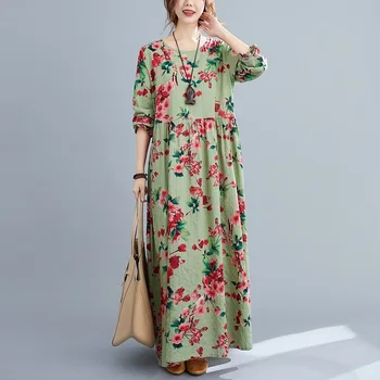Ilgomis rankovėmis plius dydis medvilnės skalbiniai derliaus gėlių moterims atsitiktinis palaidų rudenį suknelė elegantiškas drabužius 2021 ponios suknelės