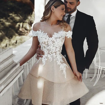 2021 Trumpas Vestuvių Suknelės nuo Peties Nėrinių Appliqued Nuotakos Suknelė Linijos Derliaus Kelio Ilgis Vestuvių Suknelės