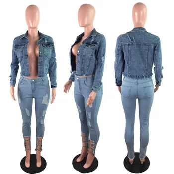 FNOCE 2020 m. žiemos naujas moterų kankina džinsai švarkai mados tendencijas atsitiktinis elegantiškas kietos ilgos rankovės skylė slim trumpo džinsinio audinio paltai