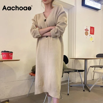 Aachoae 2020 Korėjos Prašmatnus V Kaklo Megzti Suknelę Moteris Prarasti Atsitiktinis Ilgomis Rankovėmis Megztinis Dressses Elegantiška, Ilga Suknelė Vestidos