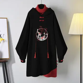 Tradicinis kinų Stiliaus Hoodies Harajuku Aukštu kaklu Palaidinukė Suknelė Moterims Rudenį Cheongsam Šalis Suknelės Storas Ilgas Apdaras