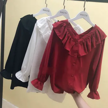 Marškinėliai Moterims, Kietas Šifono Plius Dydis Ulzzang Raudonos Palaidinės Prarasti Temperamentas Raukiniai, Vyriški Ilgomis Rankovėmis Viršų Mados Streetwear Naujas