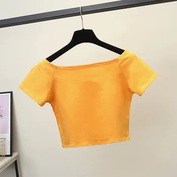 2020 Naujas Vasaros trumparankoviai Aukšto juosmens marškinėliai Moterų Susiduria Bamba Suknelė Trumpą Dalį, Žodį Apykaklės Stebėjimo Viršų Plonas