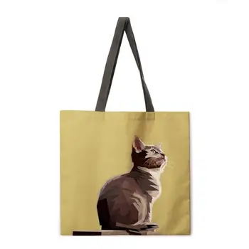 Gyvūnų portretas nešti maišą daugkartinio naudojimo paplūdimio krepšys lininis audinys atsitiktinis nešti maišą ponios vieną petį, sulankstomas pirkinių krepšys