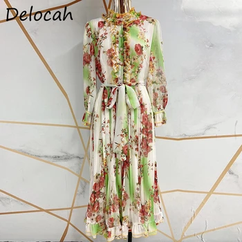 Delocah Moterų Vasaros Mados Dizaineris Šalis-Line Suknelė Blyksnius Rankovės Lankas Varčias Raukiniai Gėlių Spausdinti Elegantiškas Šifono Suknelės